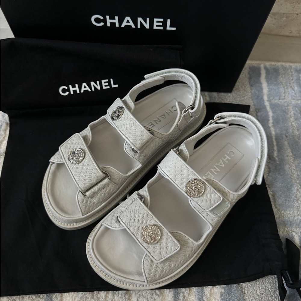 Chanel Light Grey Textured Dad Sandals with Silver CC Medallion Buttons